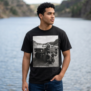 Vintage Off-Road Truck Photo T-Shirt | Woman with Dog