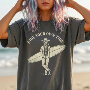 Ride Your Own Tide Skeleton Surfer Shirt, Coastal Cowboy Tee, Western Beach Graphic T-Shirt
