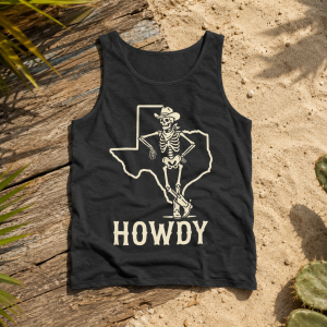 Texas Skeleton Cowboy Howdy Tank Top | Western Texan Outline