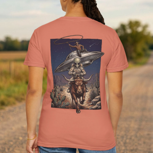 Alien Cowboy Riding Bull Back Print T-Shirt, Retro UFO Rodeo Western Graphic Tee